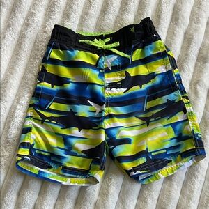 Boys Shark Print Swim Trunks - Neon Yellow & Blue